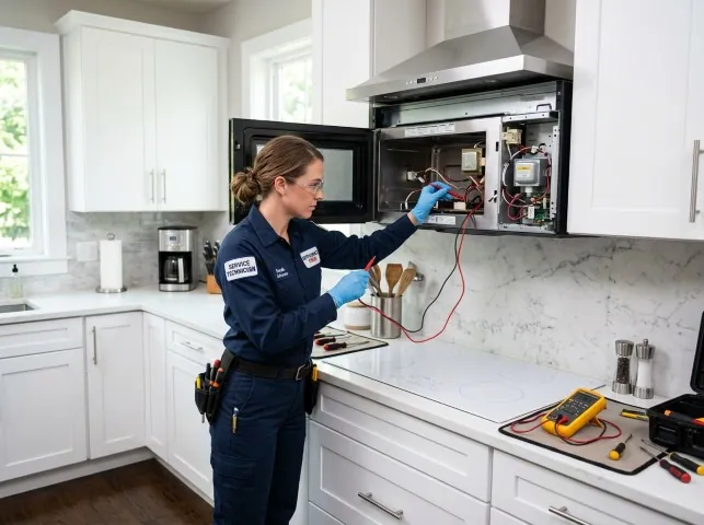 Appliance Repair Hero technician testing an over-the-range microwave in a Ackley, IA kitchen
